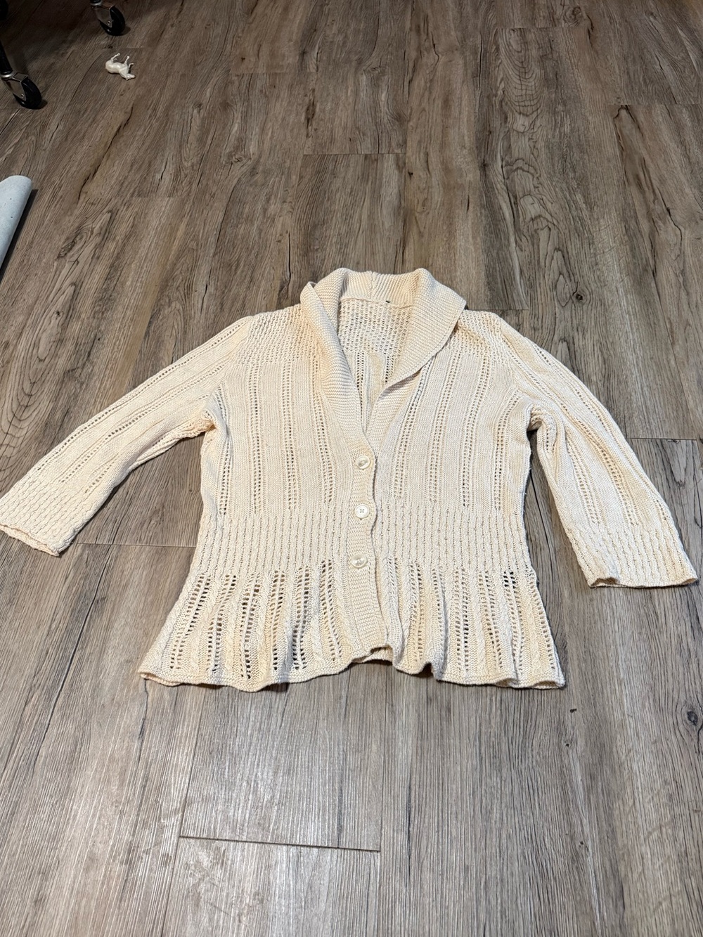 Ralph Lauren 100% cotton knit cardigan crochet beige small peplum ruffle cozy